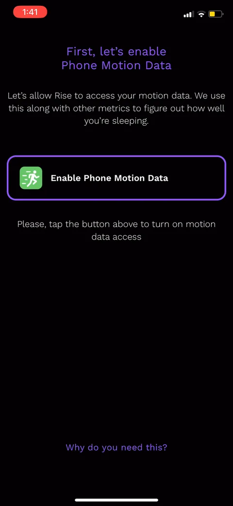 Rise onboarding screen 20: Permission asks get pre-framed before the system dialog fires: motion data 'used to detect sleep.' Explaining…