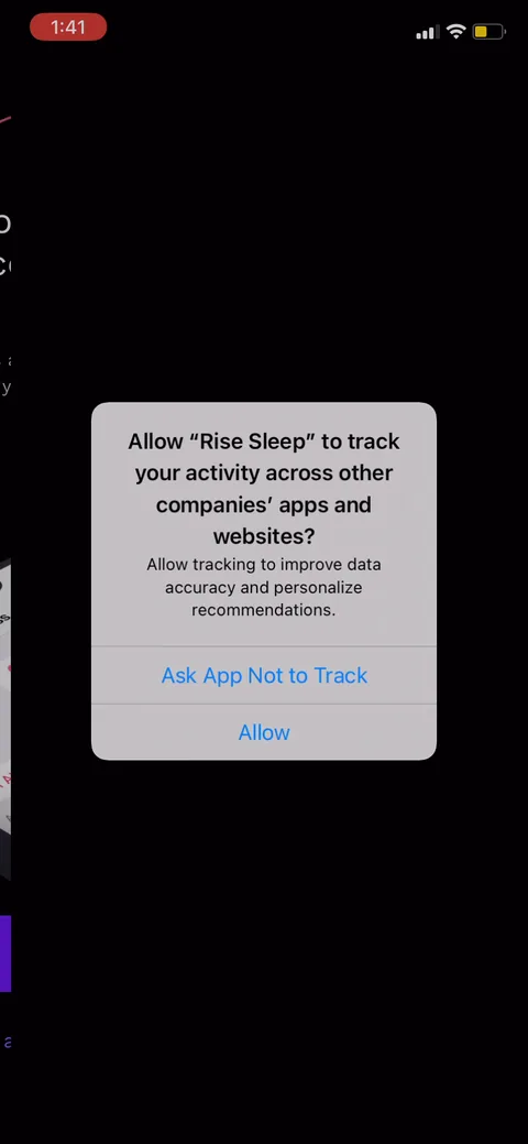 Rise onboarding screen 23: The iOS tracking prompt, framed as 'allow tracking to improve data accuracy and personalize recommendations.'…