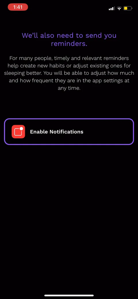 Rise onboarding screen 25: Notification ask led by benefit: 'timely and relevant reminders help create new habits.' They also tell you…