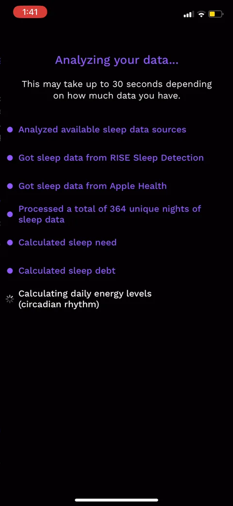 Rise onboarding screen 29: Loading screen that narrates the work: 364 nights analyzed, sleep need, sleep debt, energy levels