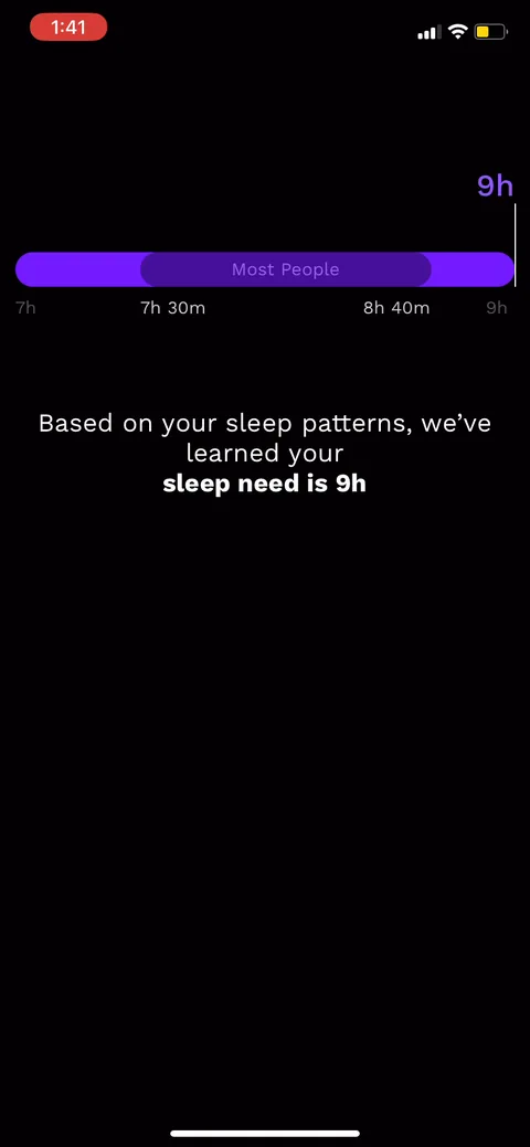Rise onboarding screen 33: Personalized reveal: 'based on your sleep patterns, your sleep need is 9h,' plotted against Most People