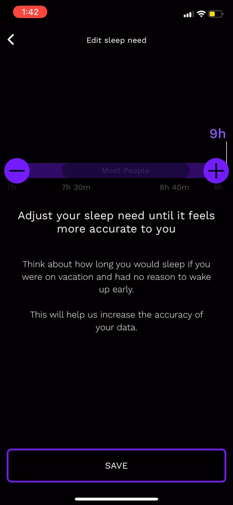 Rise onboarding screen 35: They let you drag to adjust your sleep need 'until it feels more accurate to you.' Editing the number is a…