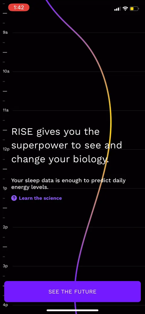 Rise onboarding screen 58: 'RISE gives you the superpower to see and change your biology' over your live energy curve
