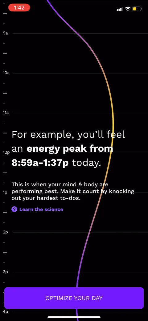 Rise onboarding screen 60: Names your exact peak (8:59a to 1:37p) and tells you to knock out your hardest to-dos then