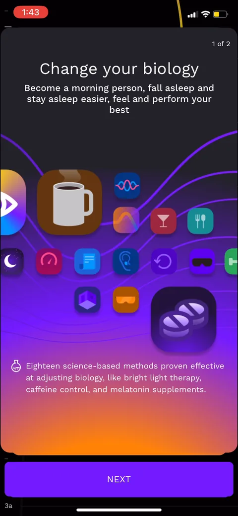 Rise onboarding screen 69: 'Change your biology' carousel: 18 science-based methods like light therapy, caffeine control, melatonin