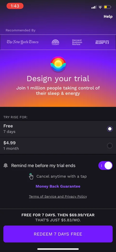 Rise paywall with pricing, onboarding screen 71