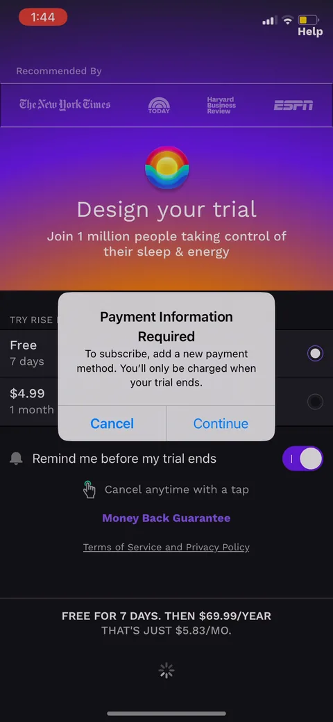 Rise onboarding screen 86: Tapping through pulls up payment collection: card now, 'you'll only be charged when your trial ends.' Taking…