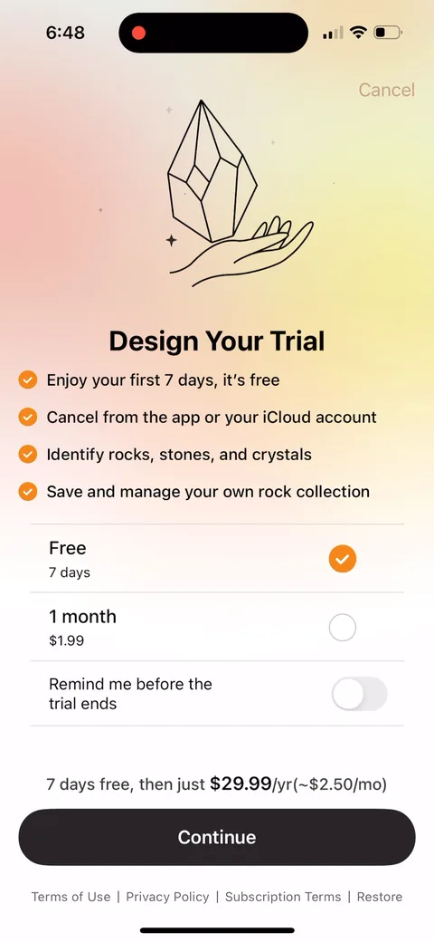 Rock Identifier paywall with pricing, onboarding screen 5
