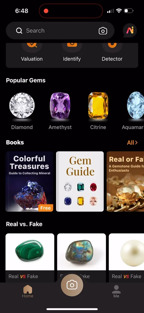 Rock Identifier onboarding screen 8: The home feed is a content library: gem guides, Real vs Fake comparisons, articles, ID method videos