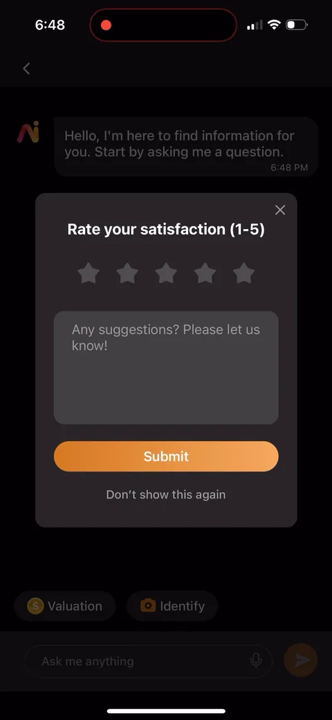 Rock Identifier onboarding screen 24: 'Rate your satisfaction (1-5)' inside the first minute, before a single rock has been identified