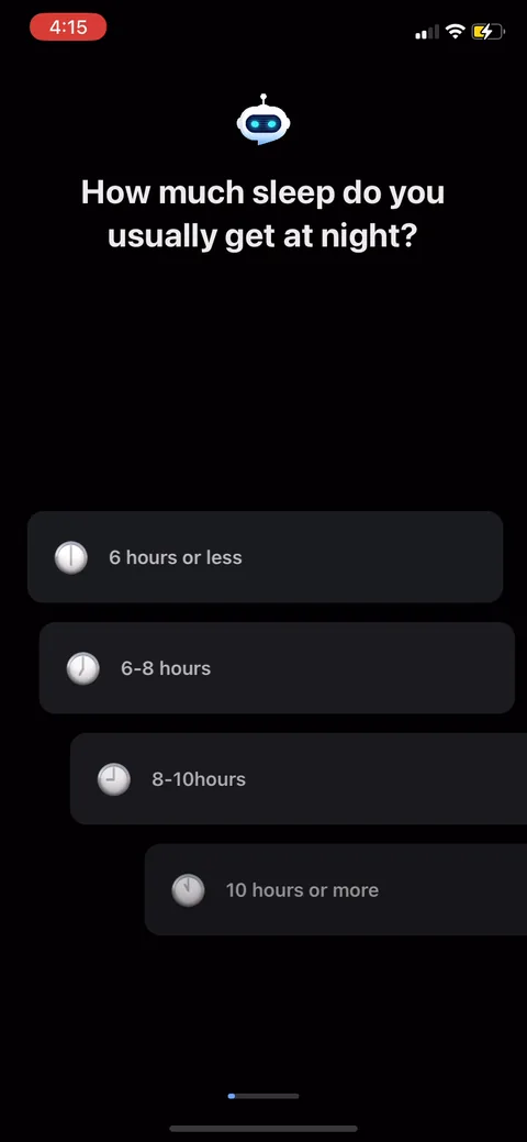 Shuteye onboarding screen 6: First quiz question is 'how much sleep do you usually get,' an easy single tap everyone can answer