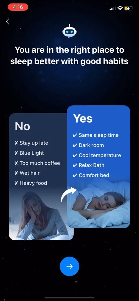 Shuteye onboarding screen 39: Lists back the bad habits you just picked (stay up late, blue light, coffee, wet hair, heavy food) under 'you…