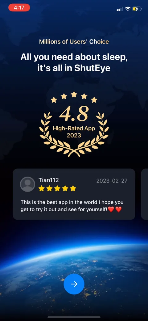 Shuteye onboarding screen 64: Real-looking five-star App Store reviews stacked right before the paywall