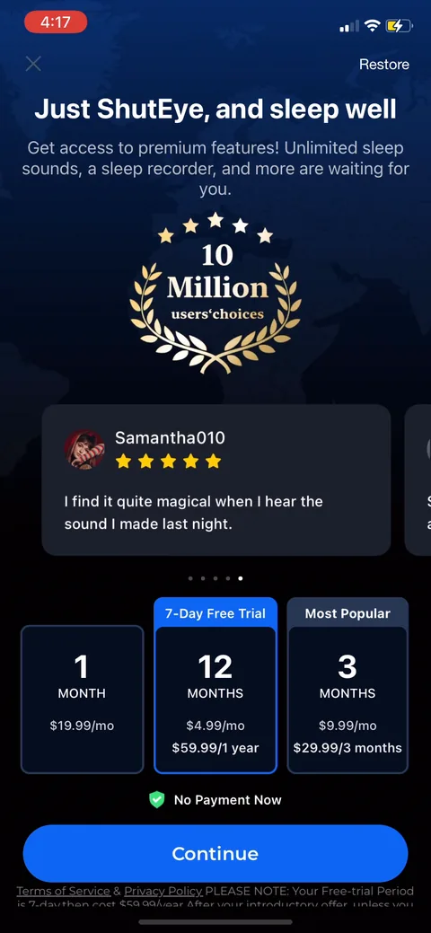 Shuteye onboarding screen 72: Same paywall with a testimonial and '10 million users choices' baked in