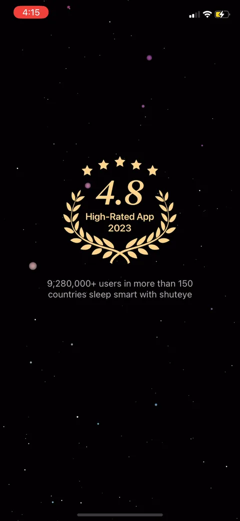 Shuteye onboarding screen 4: Opens on '#1 sleep app by revenue 2022' and '9,280,000 users in more than 150 countries' before a single…