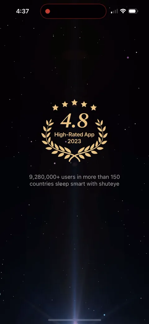 Shuteye onboarding screen 6: 4.8 laurels, 'High-Rated App 2023' and '9,280,000+ users in more than 150 countries.' Apple made laurels such…