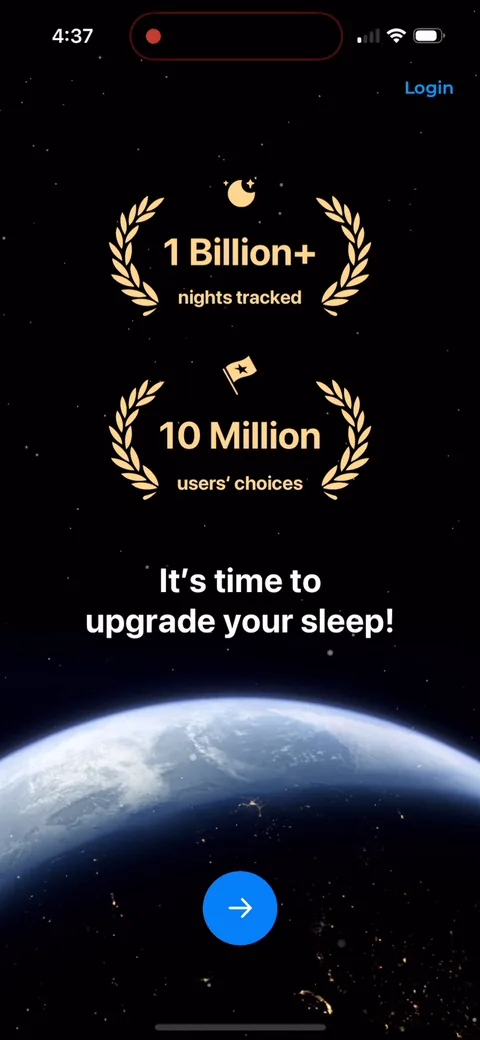 Shuteye onboarding screen 8: '1 Billion+ nights tracked', '10 Million users' choices', then 'It's time to upgrade your sleep!' The only…
