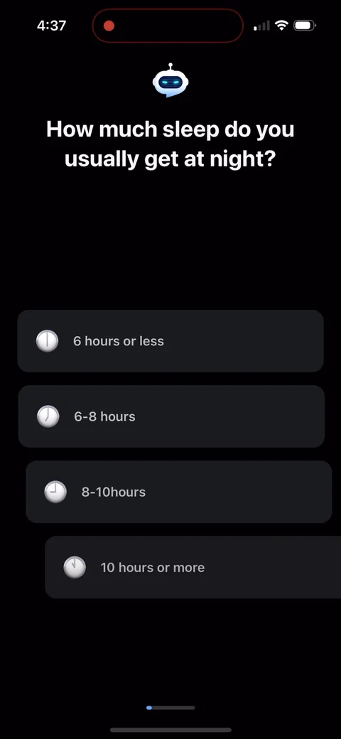 Shuteye onboarding screen 9: First question is 'How much sleep do you usually get at night?' Easy, everyone knows the answer, one tap