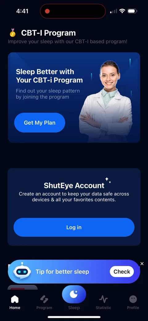 Shuteye onboarding screen 111: 'ShutEye Account: Create an account to keep your data safe across devices' sits in the middle of the home feed