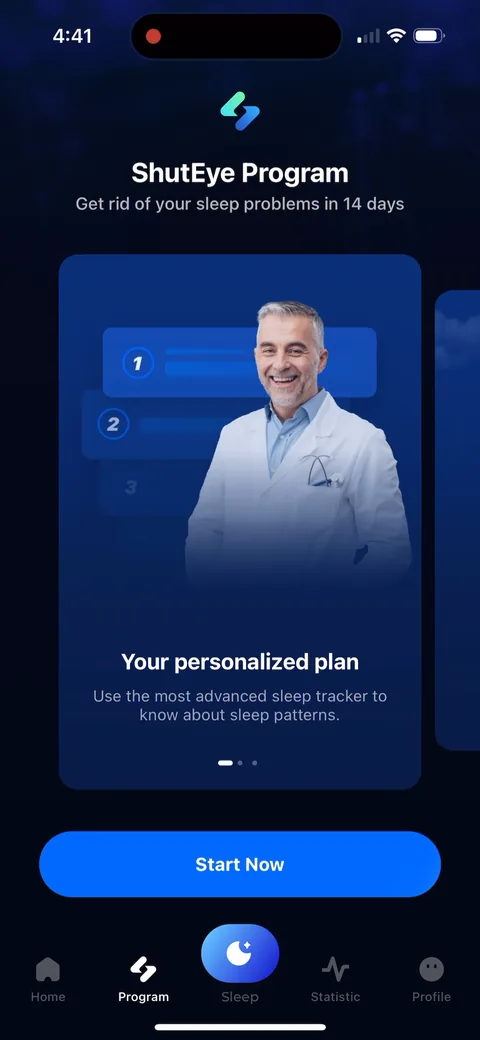 Shuteye onboarding screen 118: Program tab: 'ShutEye Program: Get rid of your sleep problems in 14 days', 'Your personalized plan' with a…