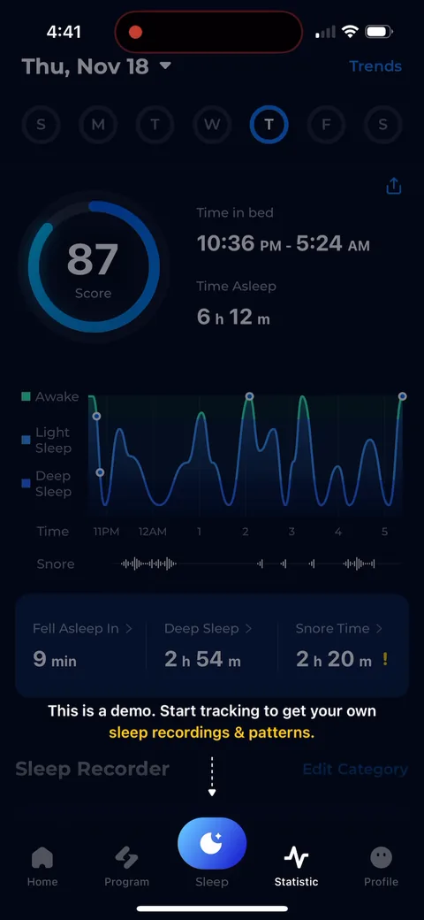 Shuteye onboarding screen 120: Statistic tab shows a demo report: score 87, 6h 12m asleep, sleep stages, 'This is a demo