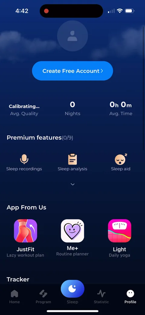Shuteye onboarding screen 125: Profile shows 'Create Free Account', 'Calibrating