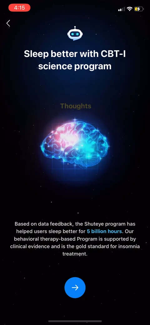 Shuteye onboarding screen 13: CBT-i interstitial: 'gold standard for insomnia treatment,' clinical evidence, 5 billion hours