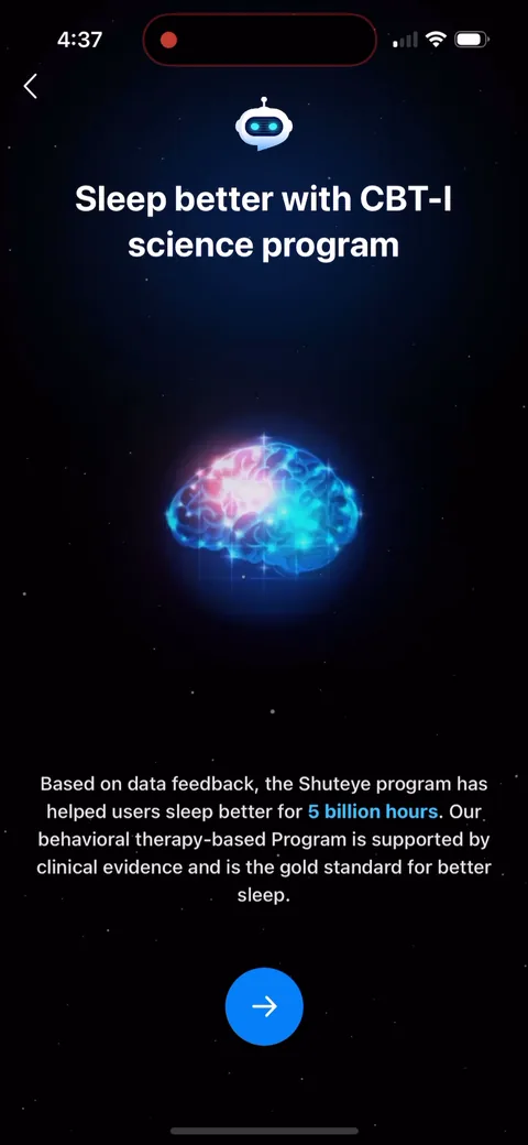 Shuteye onboarding screen 14: CBT-I interstitial: 'Sleep better with CBT-I science program', 5 billion hours, 'gold standard' and 'clinical…