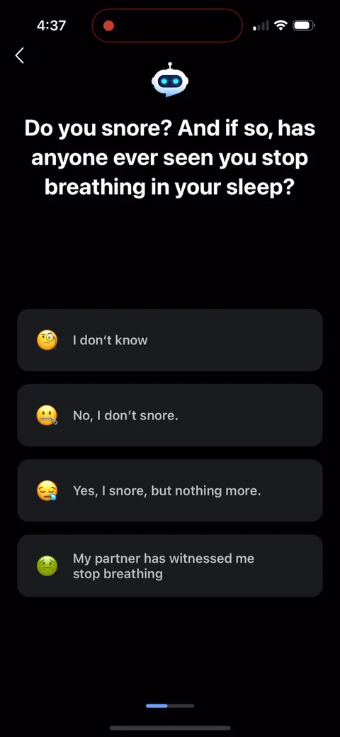 Shuteye onboarding screen 19: 'Do you snore