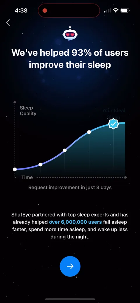 Shuteye onboarding screen 27: 'We've helped 93% of users improve their sleep' with a sleep quality curve that animates up to a check mark…