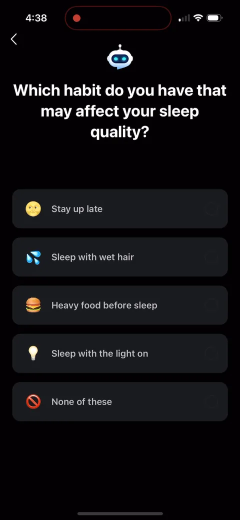 Shuteye onboarding screen 32: Multi-select habits question (stay up late, wet hair, heavy food, light on)