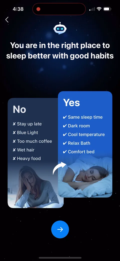 Shuteye onboarding screen 35: 'You are in the right place to sleep better with good habits' with a No/Yes card swap: your bad habits on the…
