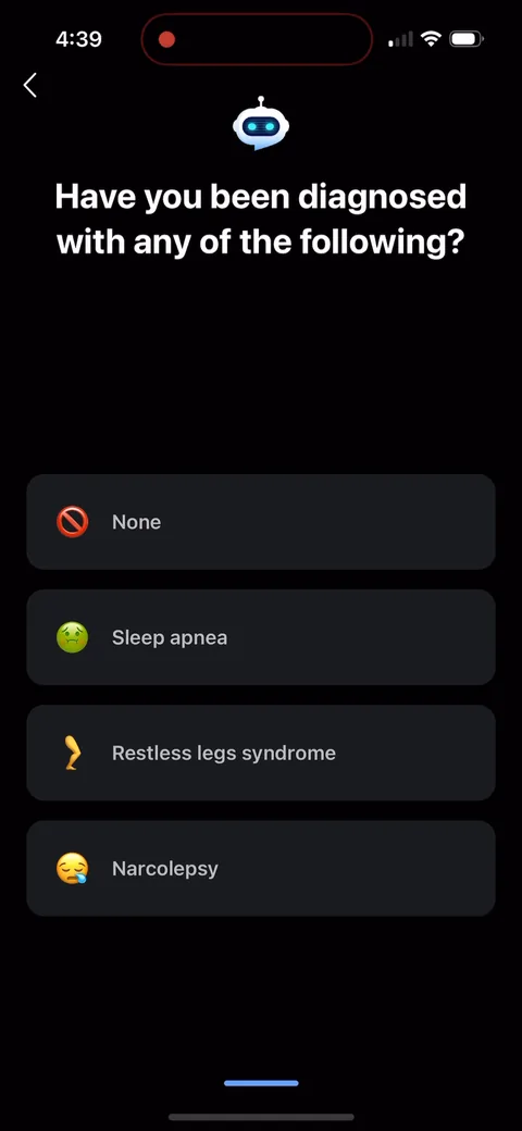 Shuteye onboarding screen 40: 'Have you been diagnosed with any of the following?' Sleep apnea, restless legs, narcolepsy