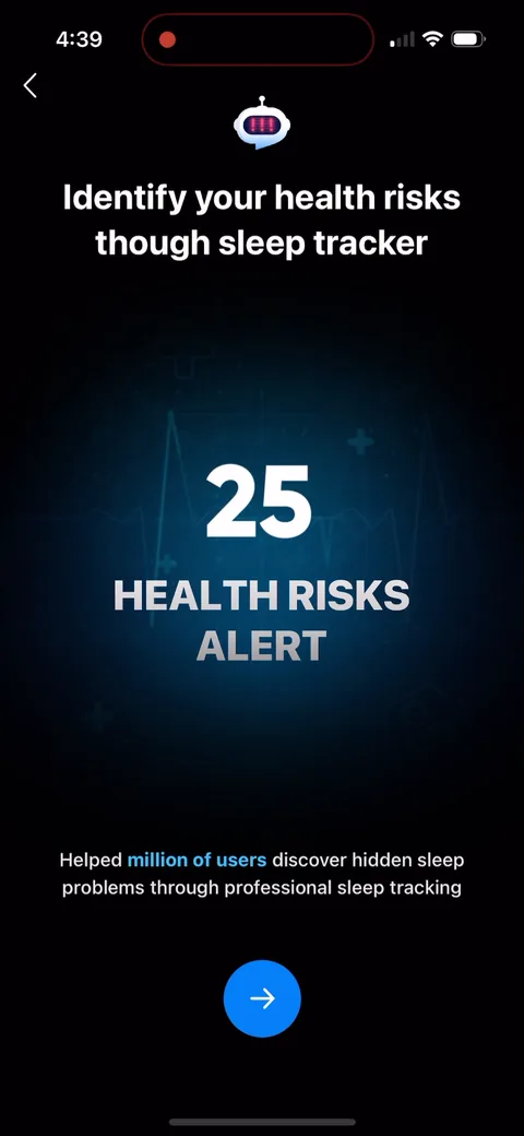 Shuteye onboarding screen 43: '25 Health Risks Alert' and 'Identify your health risks through sleep tracker.' Loss aversion through fear…