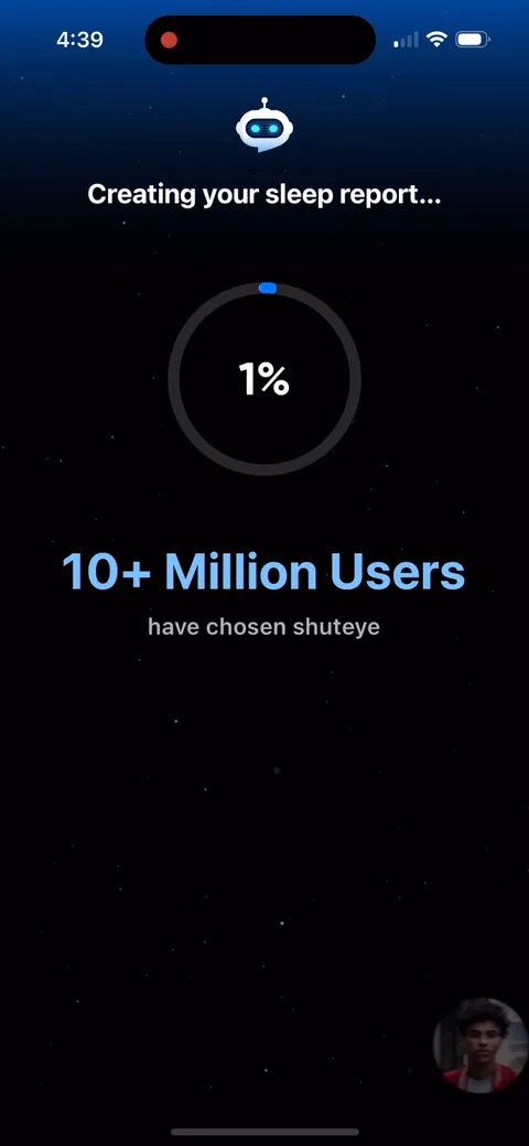 Shuteye onboarding screen 45: 'Creating your sleep report...' with a ticking percentage and '10+ Million Users have chosen shuteye' over a…