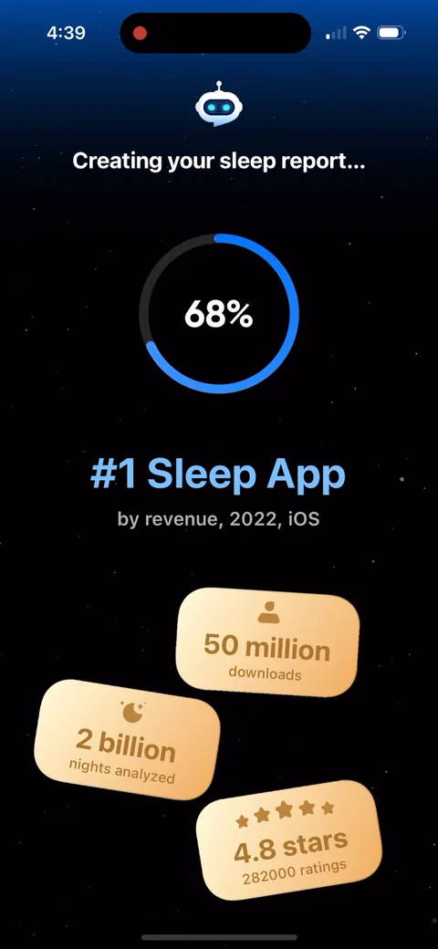 Shuteye onboarding screen 50: The loading screen finishes on '#1 Sleep App', '50 million downloads', '2 billion nights analyzed', '4.8…