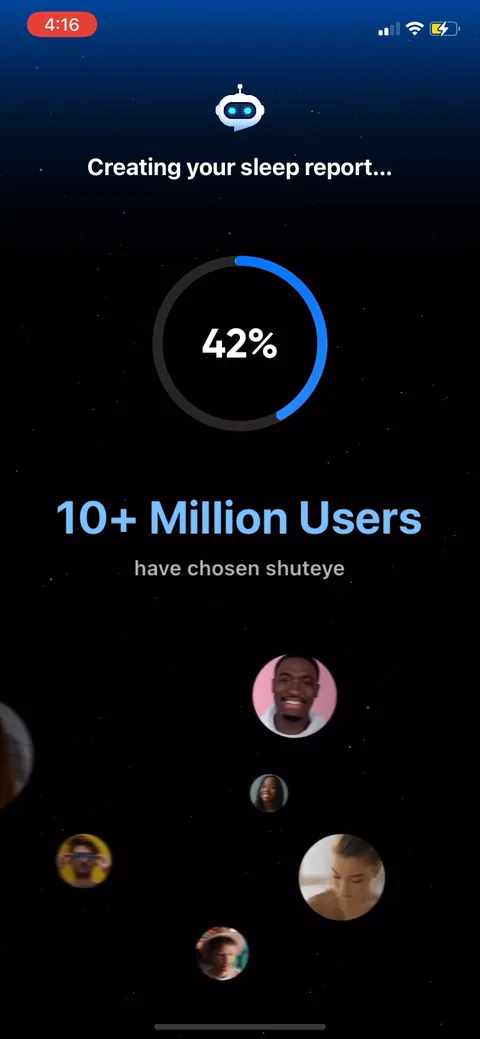 Shuteye onboarding screen 50: Loading screen for 'creating your sleep report' with a ticking percentage and '10 million users have chosen…