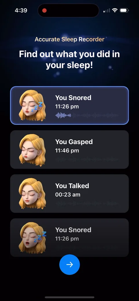 Shuteye onboarding screen 52: 'Find out what you did in your sleep!' with cards for 'You Snored 11:26 pm', 'You Gasped', 'You Talked.' This…