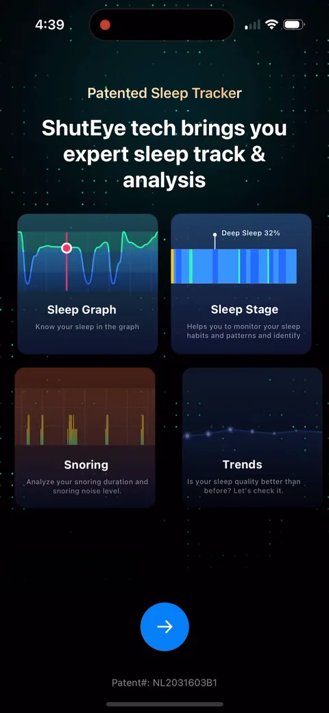 Shuteye onboarding screen 54: 'Patented Sleep Tracker' with the actual patent number (NL2031603B1) in the footer, plus tiles for sleep…