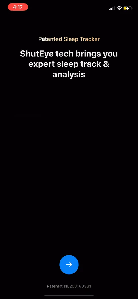 Shuteye onboarding screen 55: Patented sleep tracker with an actual patent number (NL2031603B1) on screen