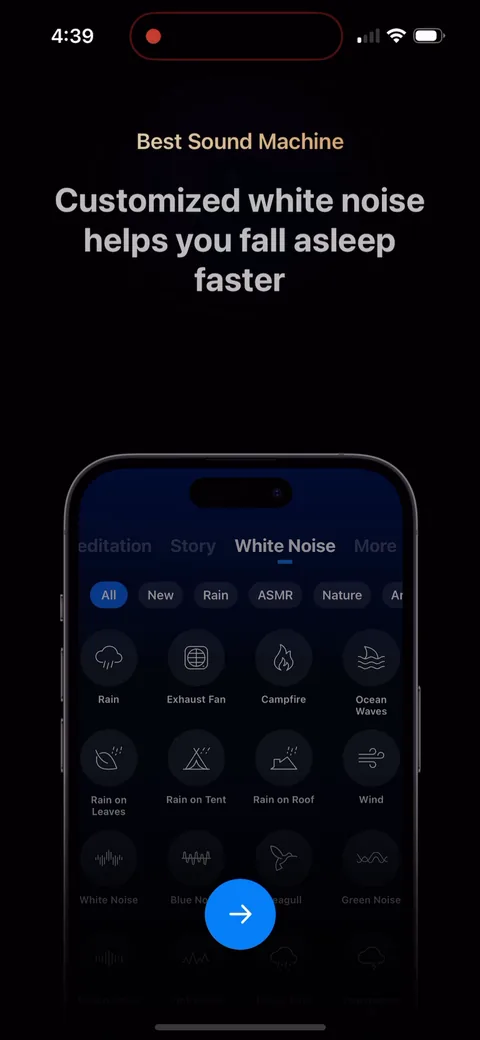 Shuteye onboarding screen 56: 'Customized white noise helps you fall asleep faster' over a phone mockup of the sound library (rain…