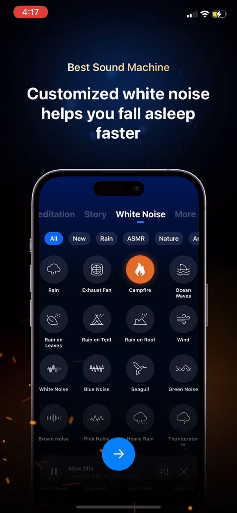 Shuteye onboarding screen 59: Sound machine with named white/blue/green noise and rain variants