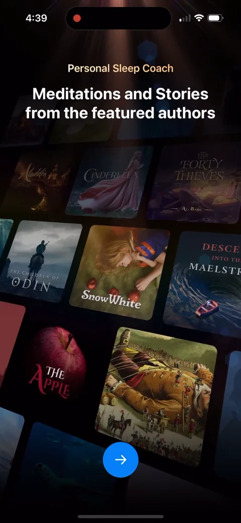Shuteye onboarding screen 59: 'Personal Sleep Coach: Meditations and Stories from the featured authors' with book covers like Snow White…