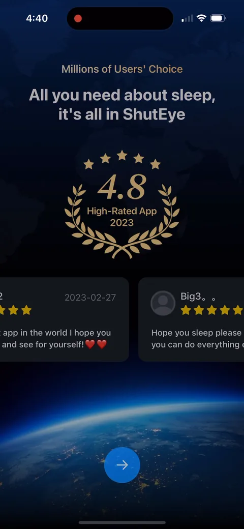 Shuteye onboarding screen 61: 'All you need about sleep, it's all in ShutEye' with 4.8 laurels and App Store reviews, right before the…
