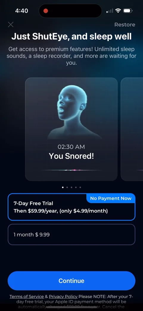 Shuteye paywall with pricing, onboarding screen 64