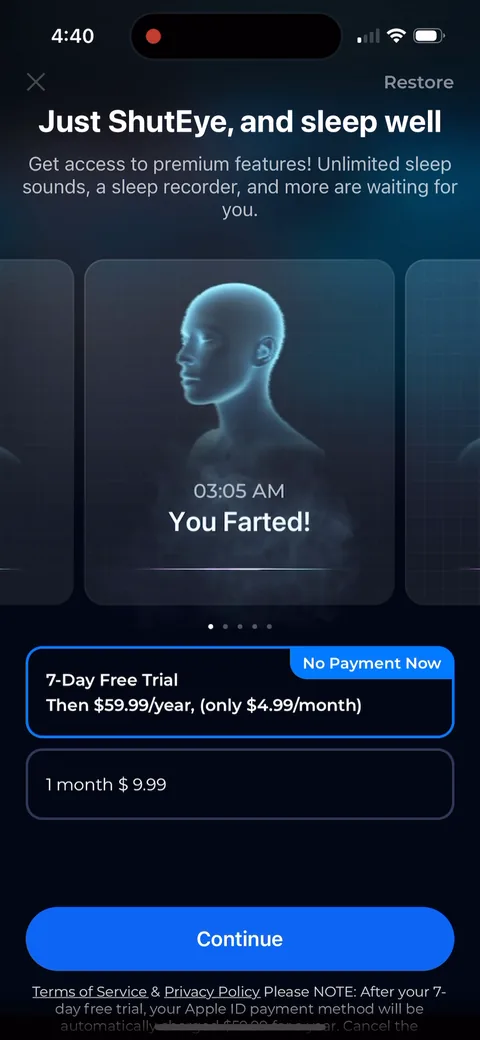 Shuteye onboarding screen 66: Same paywall, next carousel slide: '03:05 AM You Farted!' Funny, and very shareable