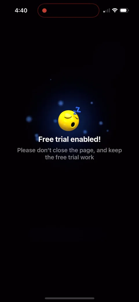 Shuteye onboarding screen 68: 'Free trial enabled