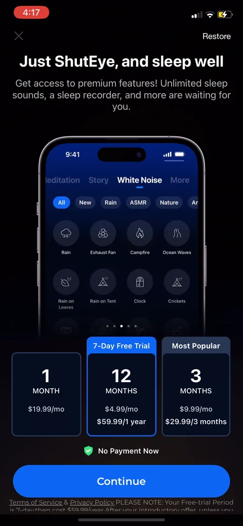 Shuteye paywall with pricing, onboarding screen 70