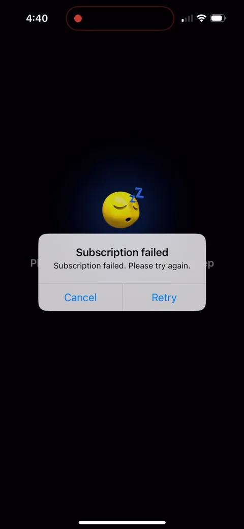 Shuteye onboarding screen 75: The tester backed out of the Apple sheet and got 'Subscription failed