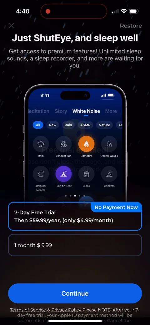 Shuteye onboarding screen 77: Cancel and you land back on the same paywall, now showing the sound library and a 'White Noise' campfire slide